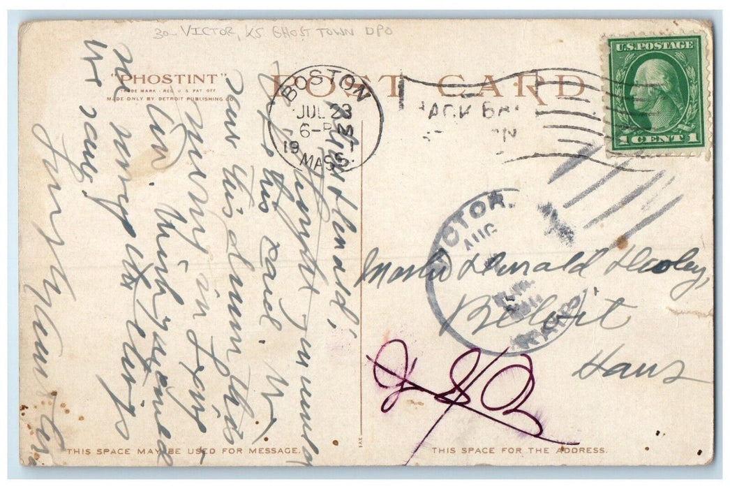 1911 Victor Kansas KS Ghost Town DPO Boston Massachusetts MA Postcard