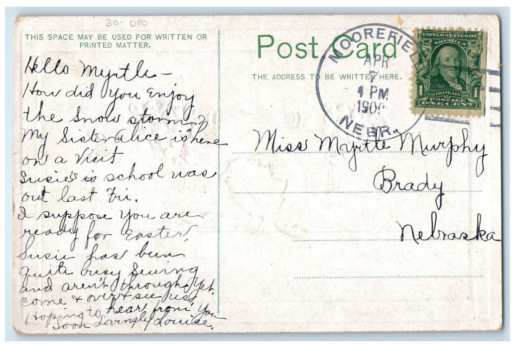 1909 Easter Chick Moorefield Nebraska NE To Brady Duane Cancel DPO Postcard