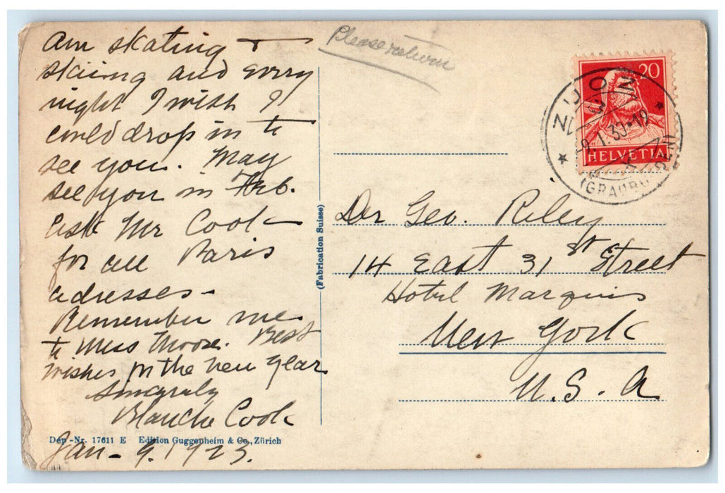 1923 Zuoz Kurhaus Castell Zuos Switzerland Posted RPPC Photo Postcard