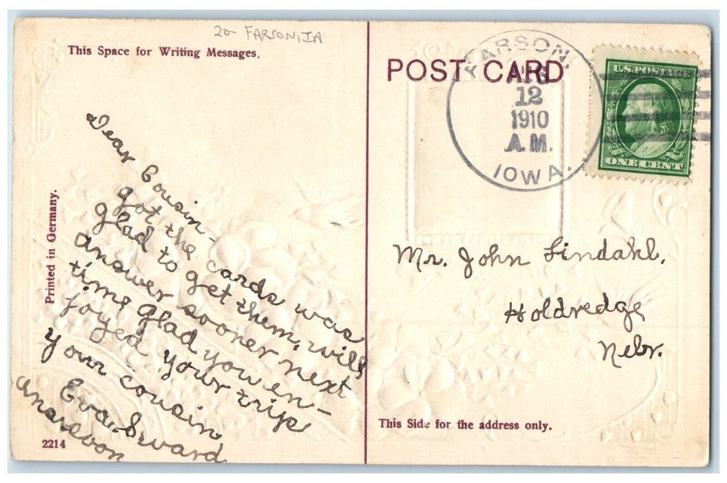 1910 Flowers Farson Iowa IA Holdredge Nebraska NE Duane Cancel 1 Cent Postcard