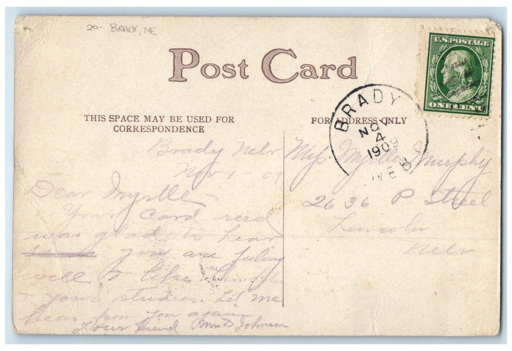 1909 Brady Nebraska NE Lincoln Massachusetts MA Duplex Cancel 1 Cent Postcard