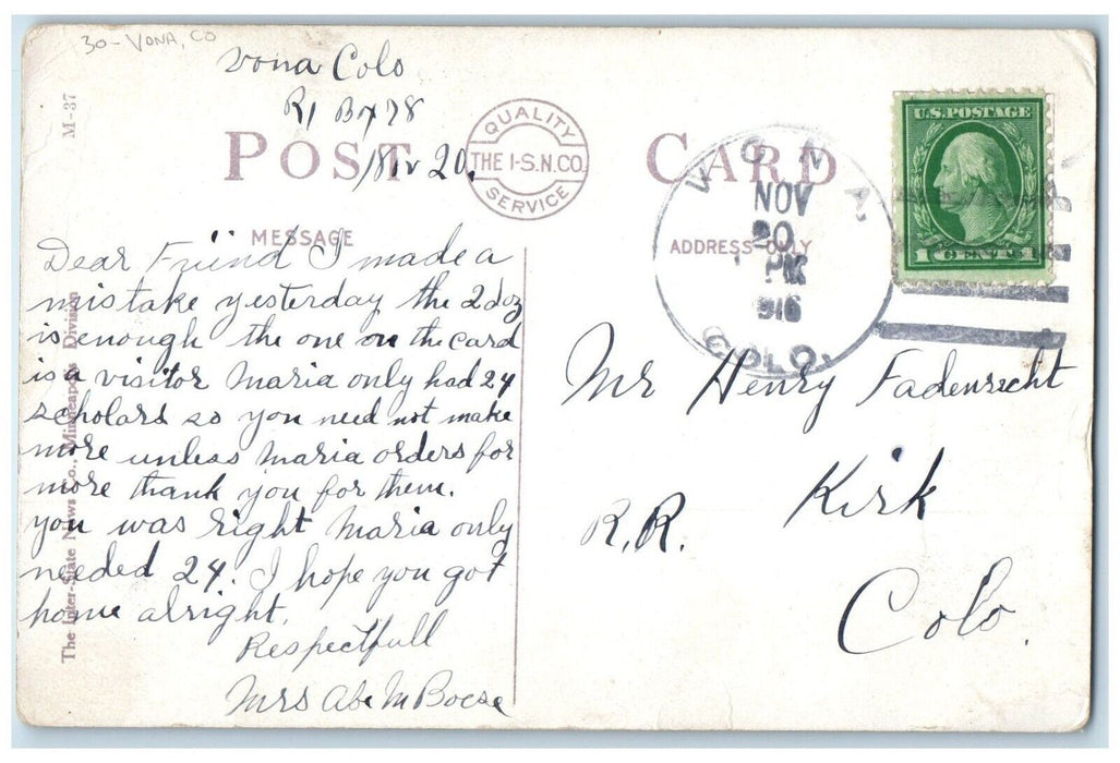 c1910's Nisqually Canyon Vona Colorado CO To Kirk Duane Cancel 1 Cent Postcard