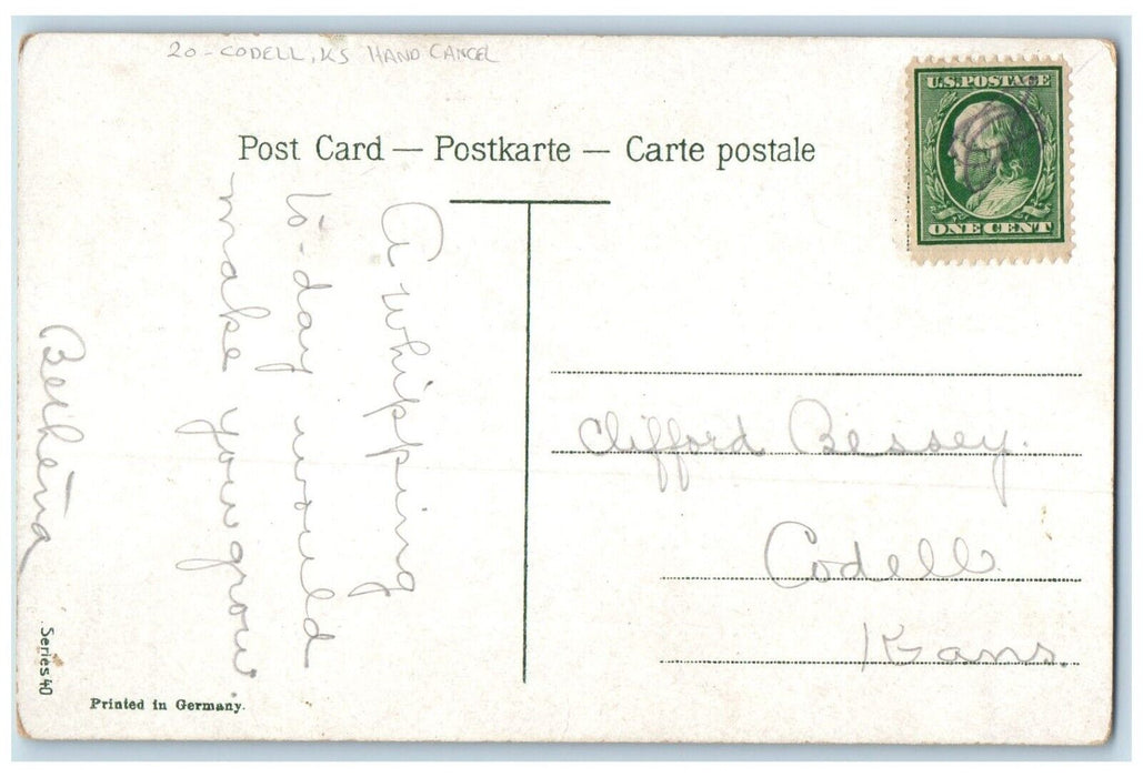 c1910's Congratulations Roses Flowers Codell Kansas KS Hand Cancel Postcard