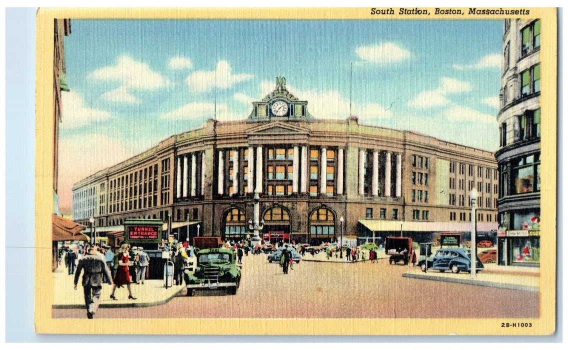 c1950's South Station Building Cars Tower Clock Boston Massachusetts MA Postcard