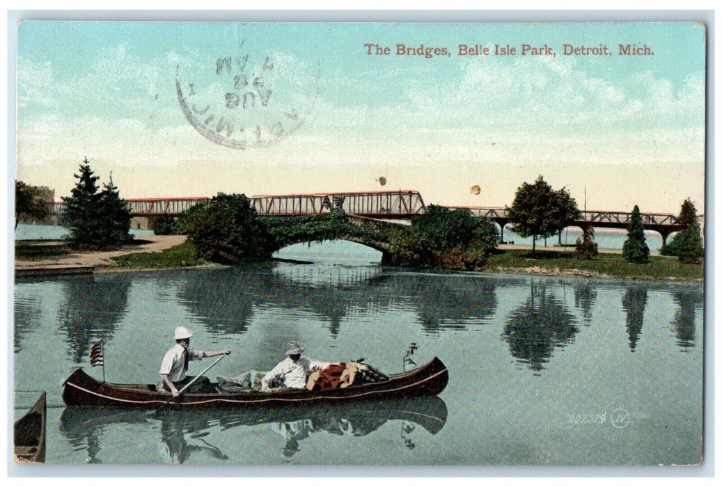 1909 The Bridges Belle Isle Park Detroit Michigan MI, Boating Antique Postcard