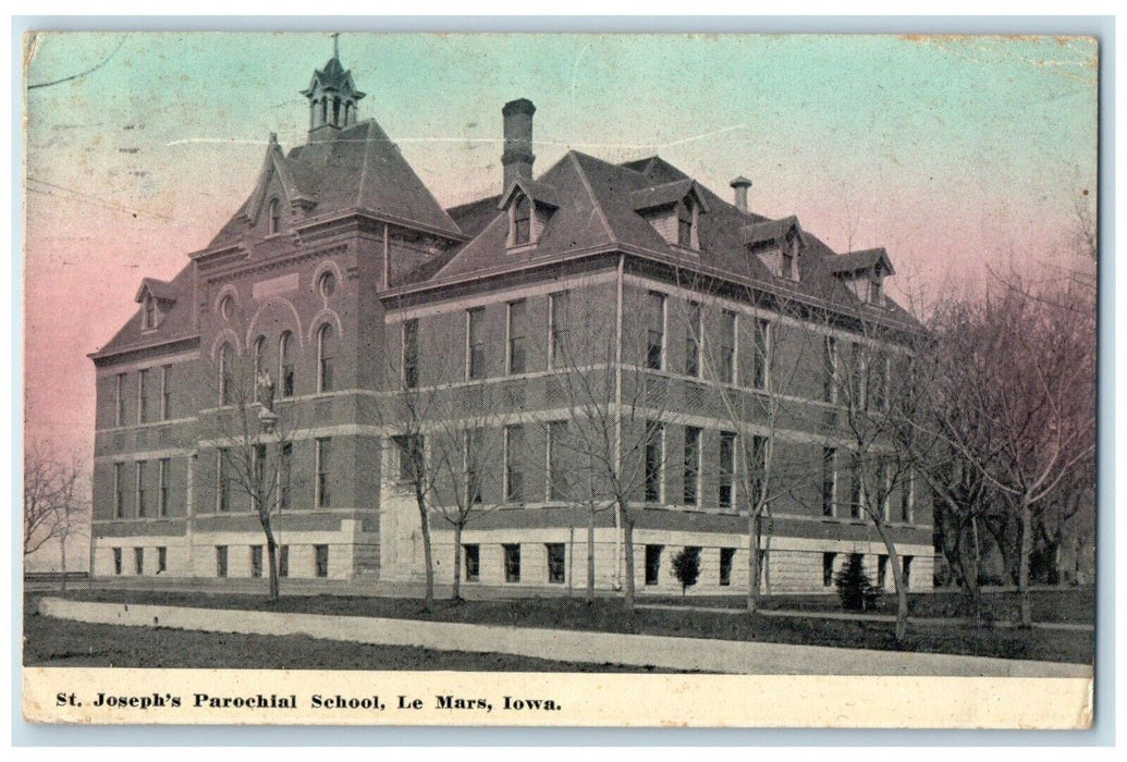 1913 St. Joseph's Parochial School Exterior Building Road Le Mars Iowa Postcard