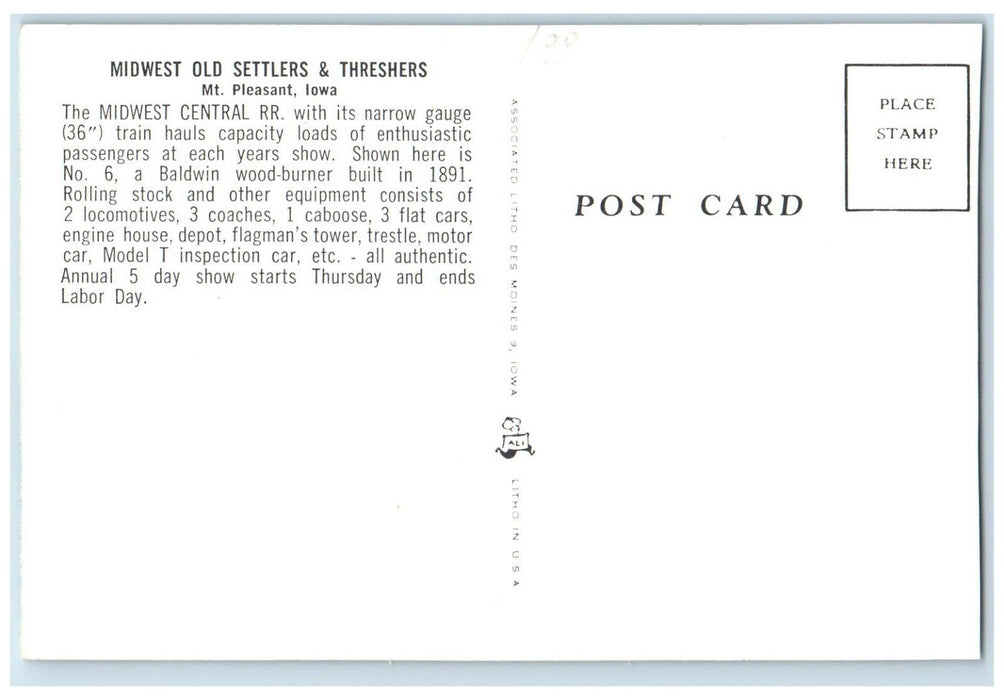 c1960 Midwest Old Settlers Treshers Locomotive Train Mt. Pleasant Iowa Postcard