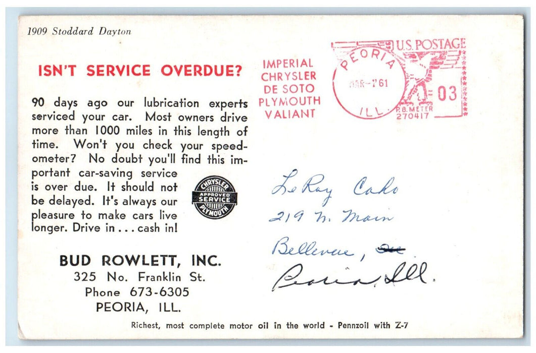 1961 Isn't Service Overdue Bud Rowlett Inc. Franklin St Poeria Illinois Postcard