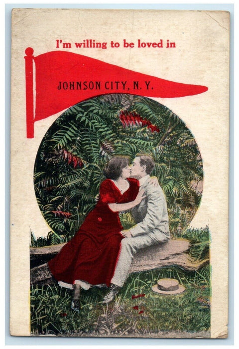 c1910 I'm Willing To Be Loved Pennant Lovers Johnson City New York NY Postcard