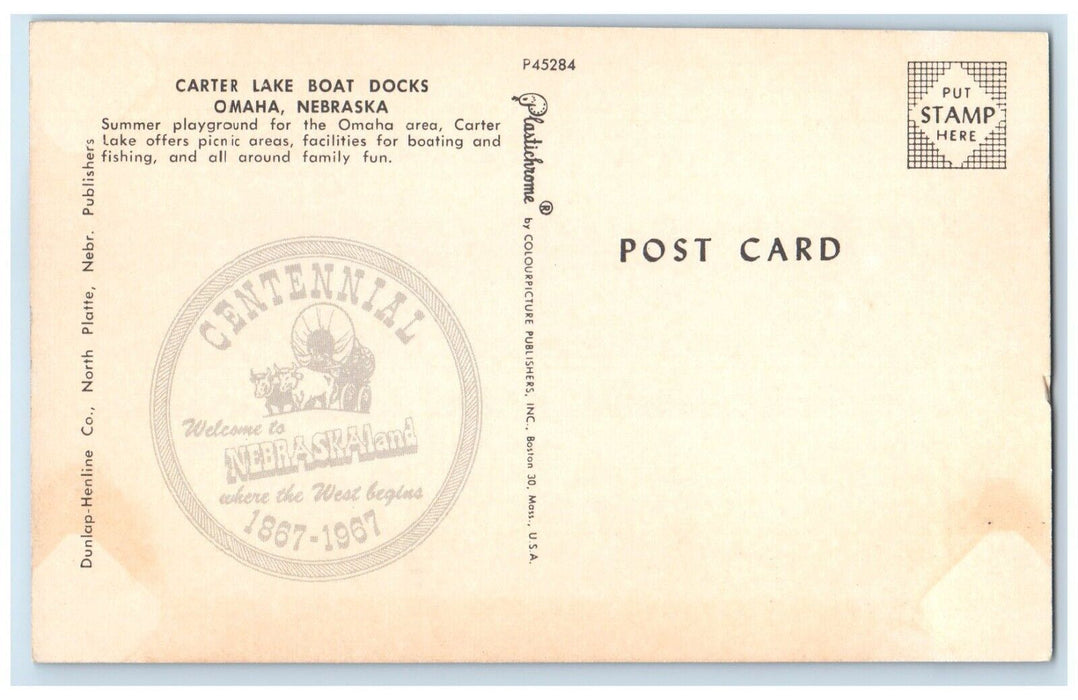 c1967 Carter Lake Boat Docks Omaha Nebraska NE Centennial Nebraskaland Postcard