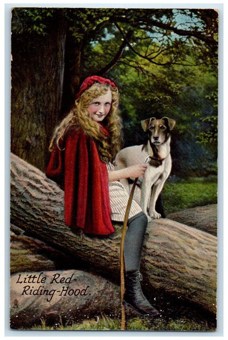 c1910's Girl Little Red Riding Hood Dog Sat On Log Tuck's Antique Postcard