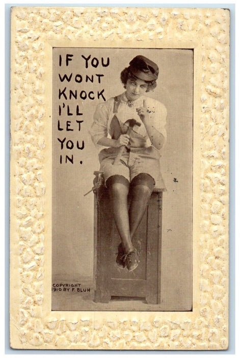 1910 Woman Occupational Risque If You Wont Knock I'll Let You In Posted Postcard