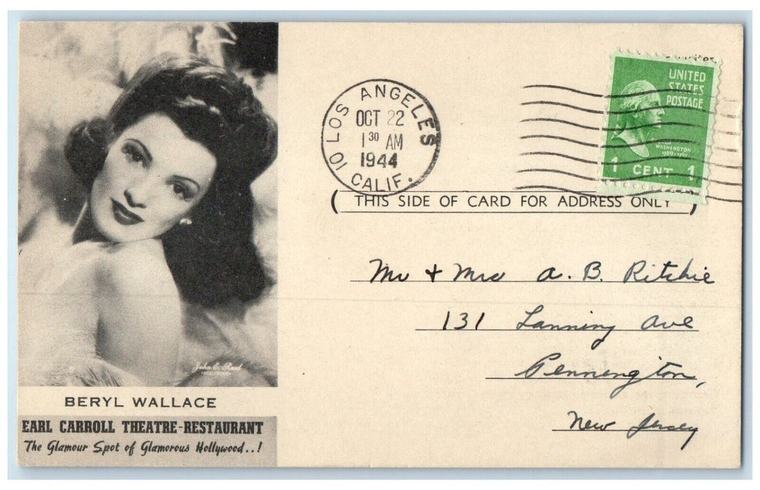 1944 Beryl Wallace Earl Carroll Theatre Restaurant Los Angeles CA Postcard