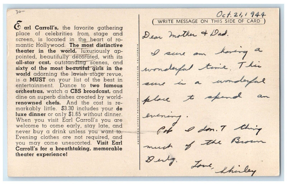 1944 Beryl Wallace Earl Carroll Theatre Restaurant Los Angeles CA Postcard