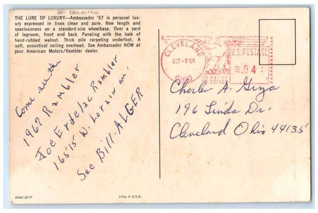 1967 Ambassador 990 Station Wagon 880 Sedan Cleveland OH Dealership Postcard