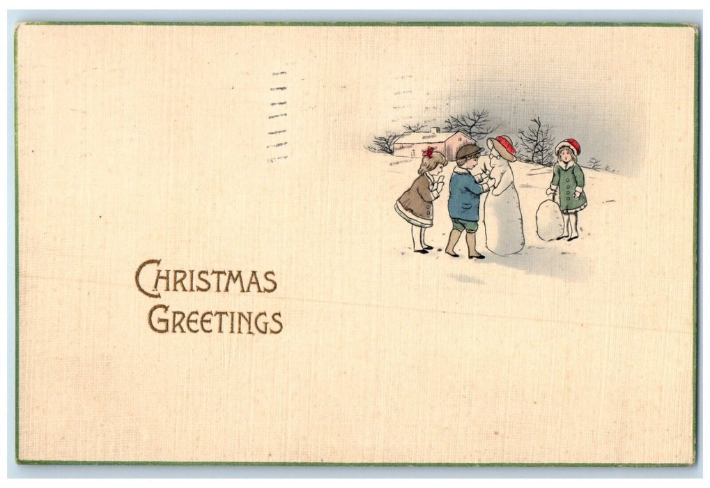 1915 Christmas Greetings Children Built Snowman Winter St. Louis MO Postcard