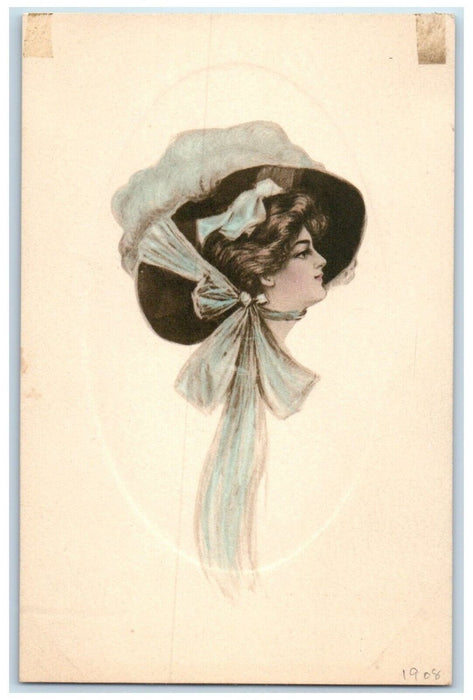 c1910's Pretty Woman Big Hat Feather Curly Hair Unposted Antique Postcard