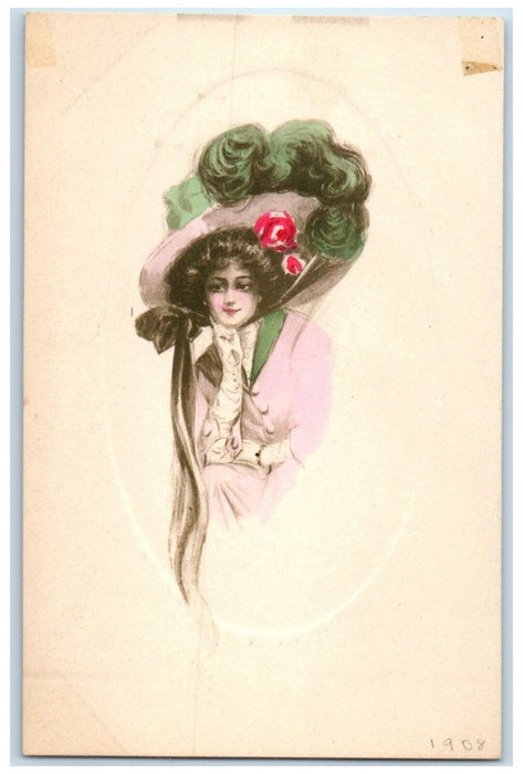 c1910's Pretty Woman Big Hat Feather Curly Hair Embossed Antique Postcard