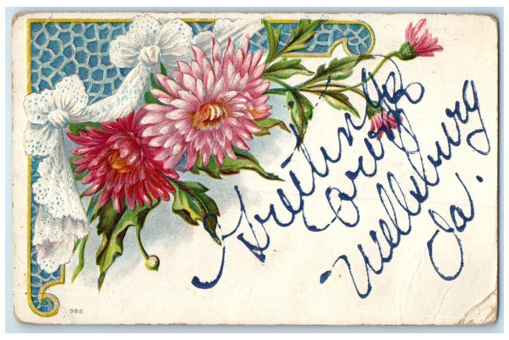 1910 Greetings From Flower Embossed Wellsburg Iowa IA Vintage Antique Postcard