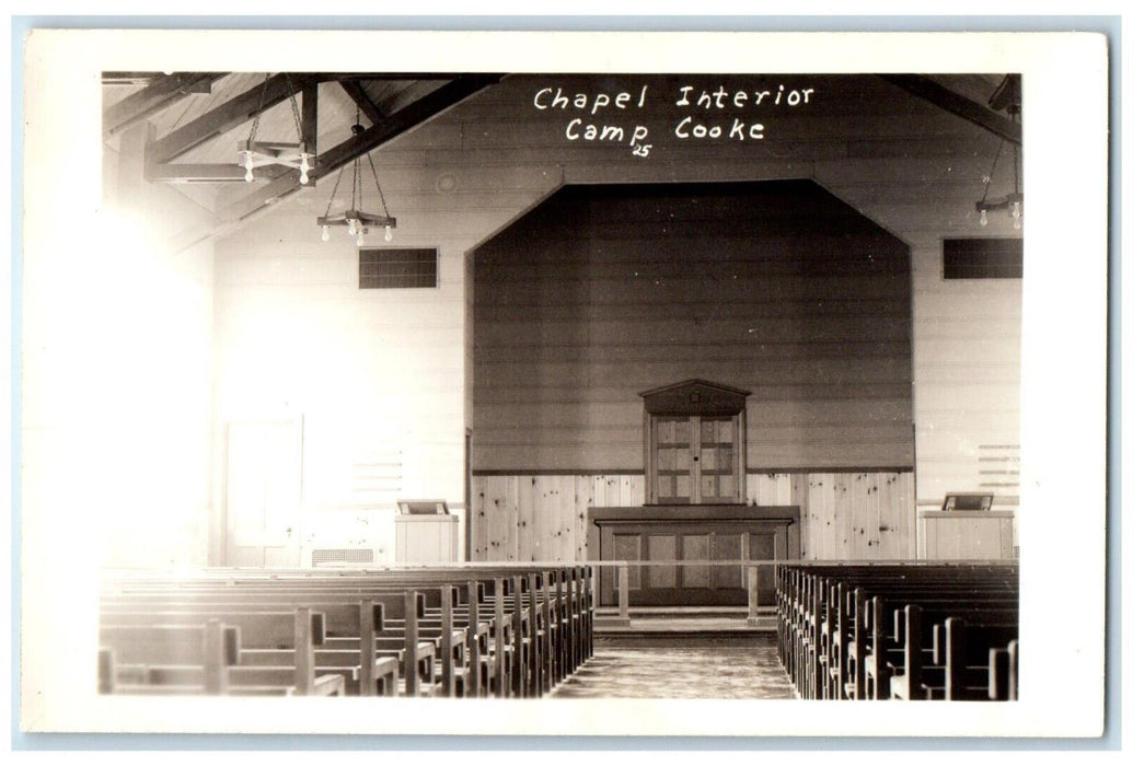 c1941 US Army Military Chapel Interior View Camp Cooke CA RPPC Photo Postcard