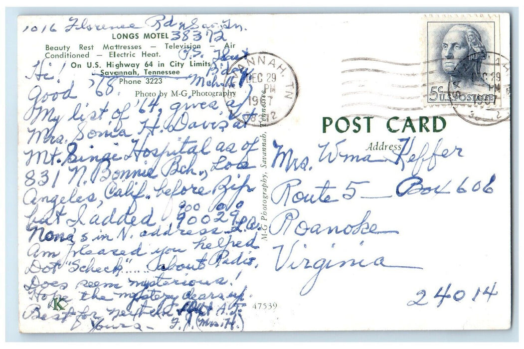 1967 Longs Motel Roadside Savannah Tennessee TN Posted Vintage Postcard