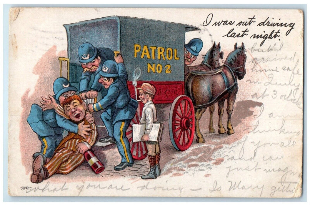 1907 Police Patrol Caught Drunk Man Horse Carriage Quincy Illinois IL Postcard