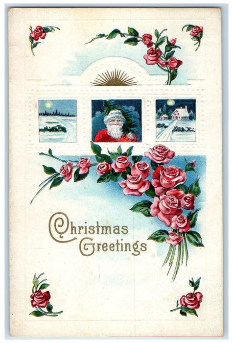 c1910's Christmas Greetings Santa Claus Flowers Embossed Posted Antique Postcard