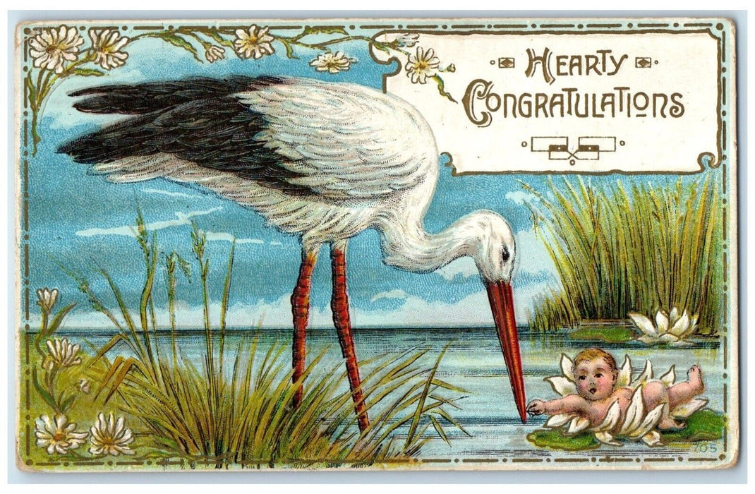 c1910's Hearty Congratulations Stork Baby Lily Pad Flowers Embossed Postcard