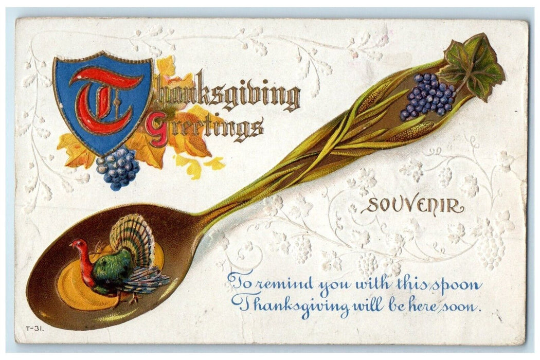 1919 Thanksgiving Greetings Spoon Turkey Grapes Embossed Posted Antique Postcard