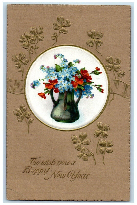 1918 New Year Flowers Vase Shamrock Winsch Back Embossed Glenville NE Postcard