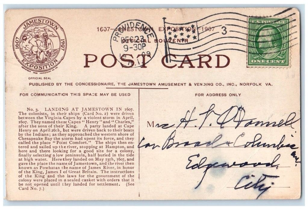1909 Landing At Jamestown Exposition Norfolk Virginia VA Providence RI Postcard