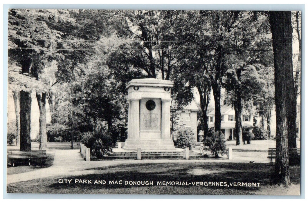 View Of City Park And Mac Donough Memorial Vergennes Vermont VT Vintage Postcard