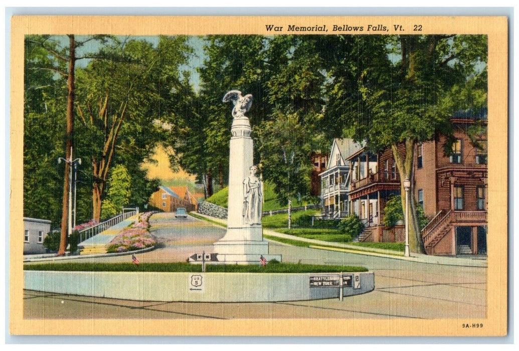 View Of War Memorial Car Scene Bellows Falls Vermont VT Vintage Postcard