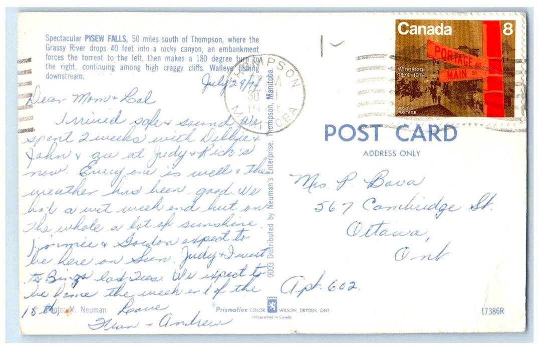 1974 Pisew Falls Walleye Fishing Downstream Thompson Manitoba Canada Postcard