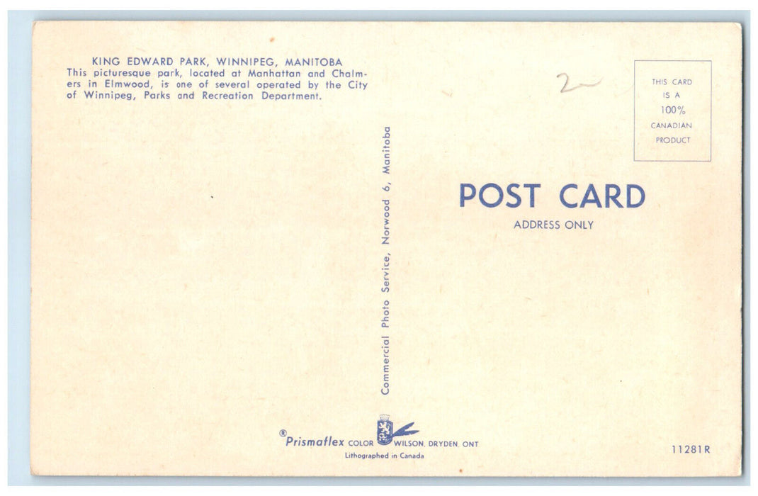 c1950's King Edward Park Winnipeg Manitoba Canada Unposted Postcard