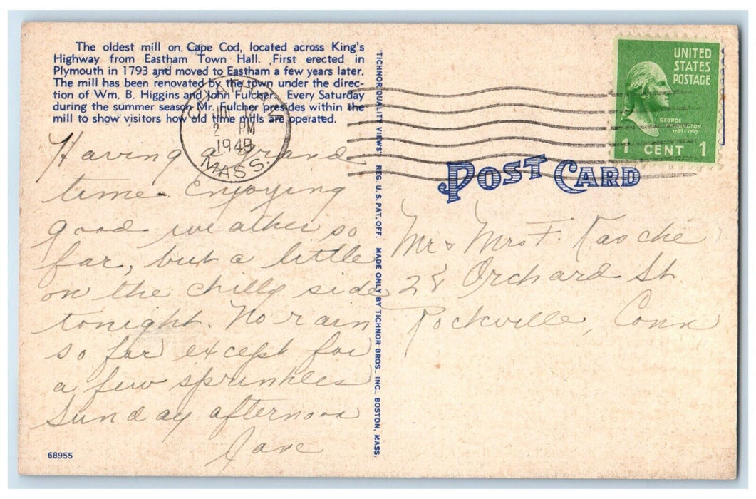 1949 Eastern Mill Windmill Cape Cap Cod Massachusetts MA Vintage Postcard