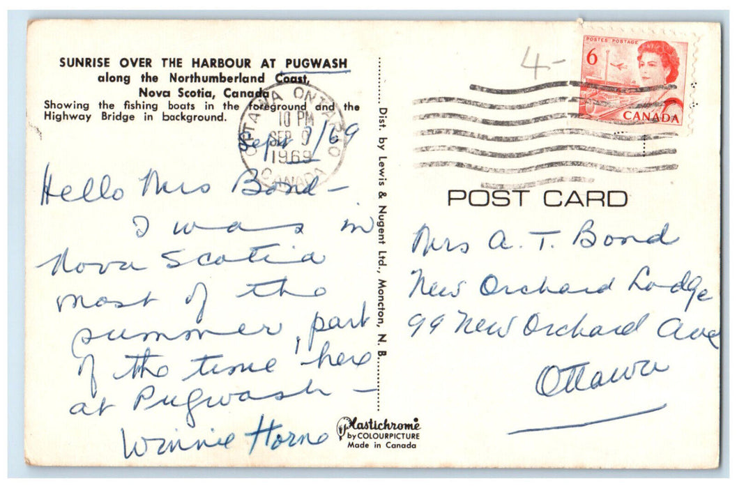 1969 Sunrise Over The Harbour at Pugwash Nova Scotia Canada Postcard