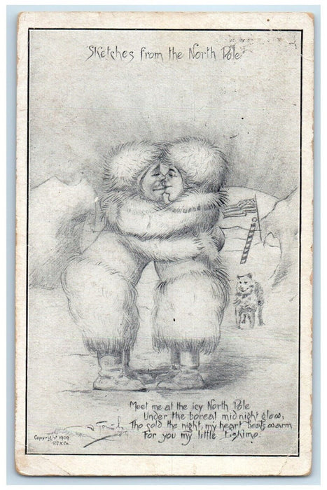 1911 Valentine Kissing Romance Sketches From The North Pole Eskimo Postcard