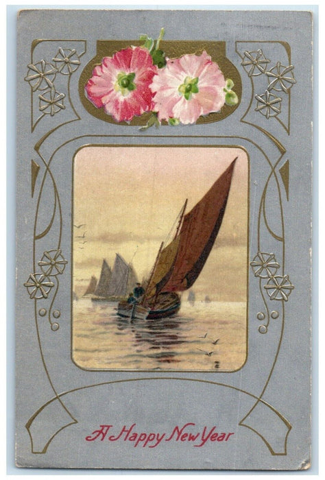 1911 New Year Sailboat Flowers Winsch Back Embossed Pittsburg KS Posted Postcard