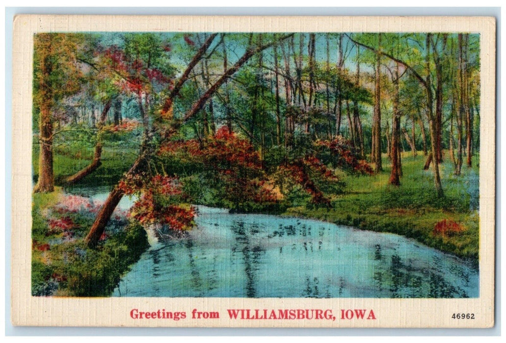 1952 Greetings From River Lake Trees Williamsburg Iowa Vintage Antique Postcard