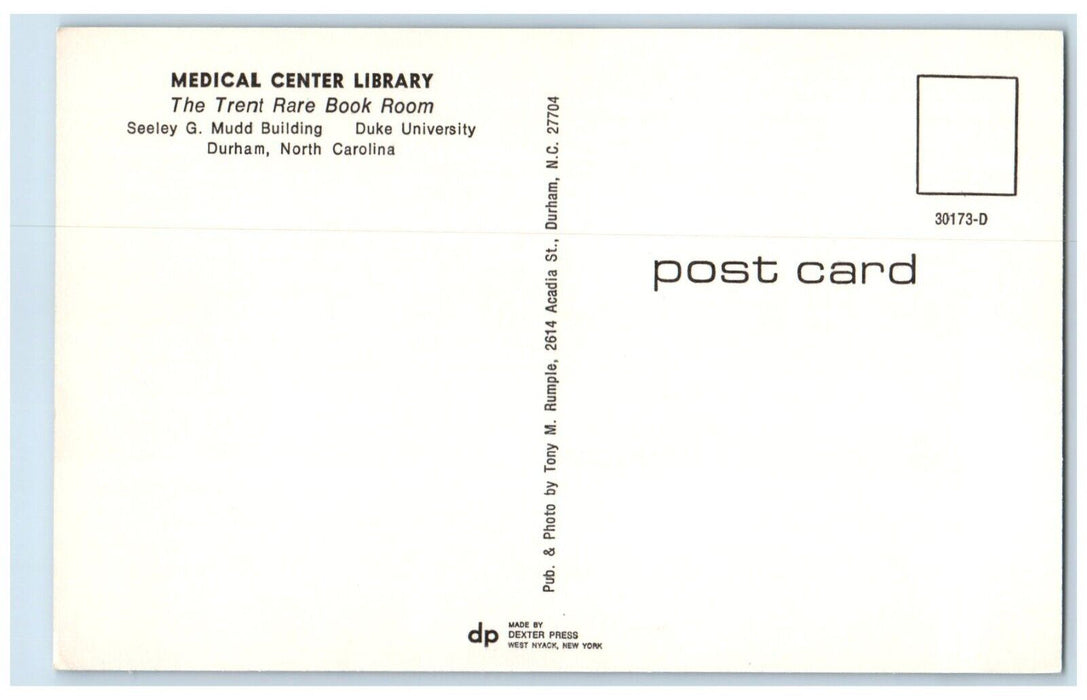 c1960 Medical Center Library Trent Rare Room Durham North Carolina NC Postcard