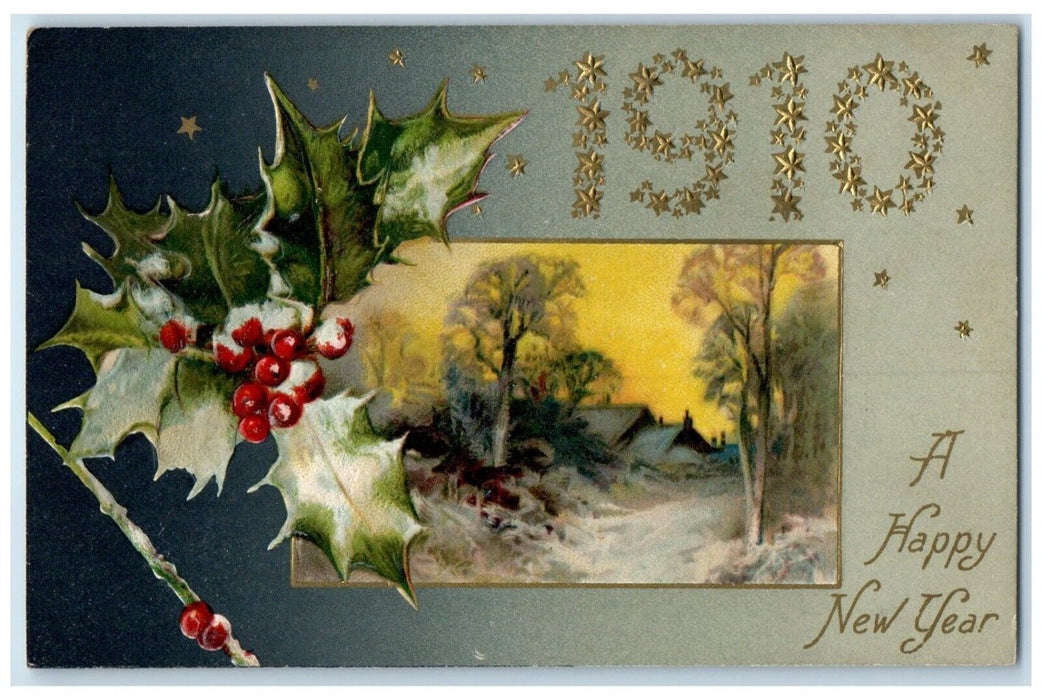 c1910s New Year Holly Berries Winter Scene Winsch Back Embossed Antique Postcard