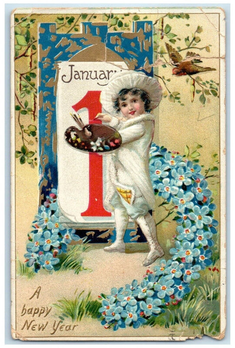 1909 New Year Calendar Boy Painting Horseshoe Flowers Tuck's Embossed Postcard