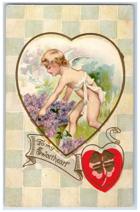 c1910's Valentine Heart Angel Flowers Embossed Posted Antique Postcard