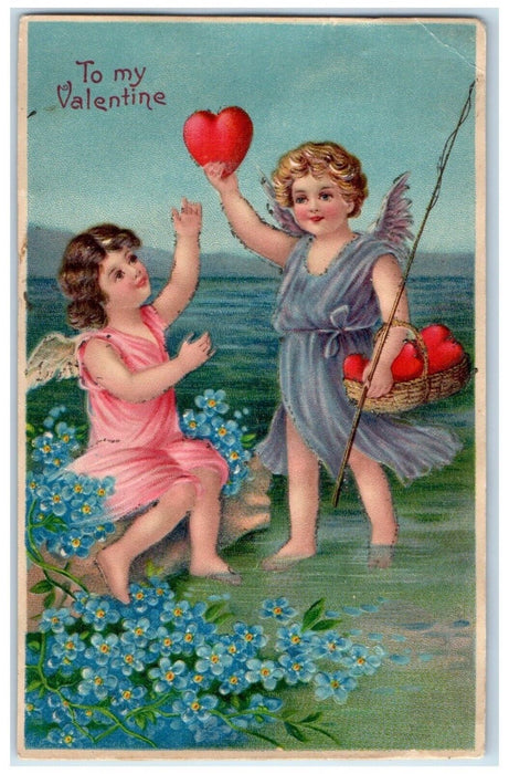 c1910's Valentine Angels Hearts In Basket Flowers Embossed Antique Postcard