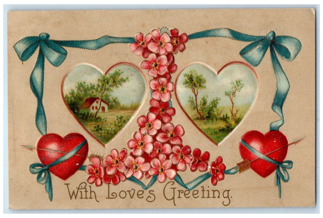 c1910's Valentine Greetings Hearts Flowers Clapsaddle Embossed Antique Postcard