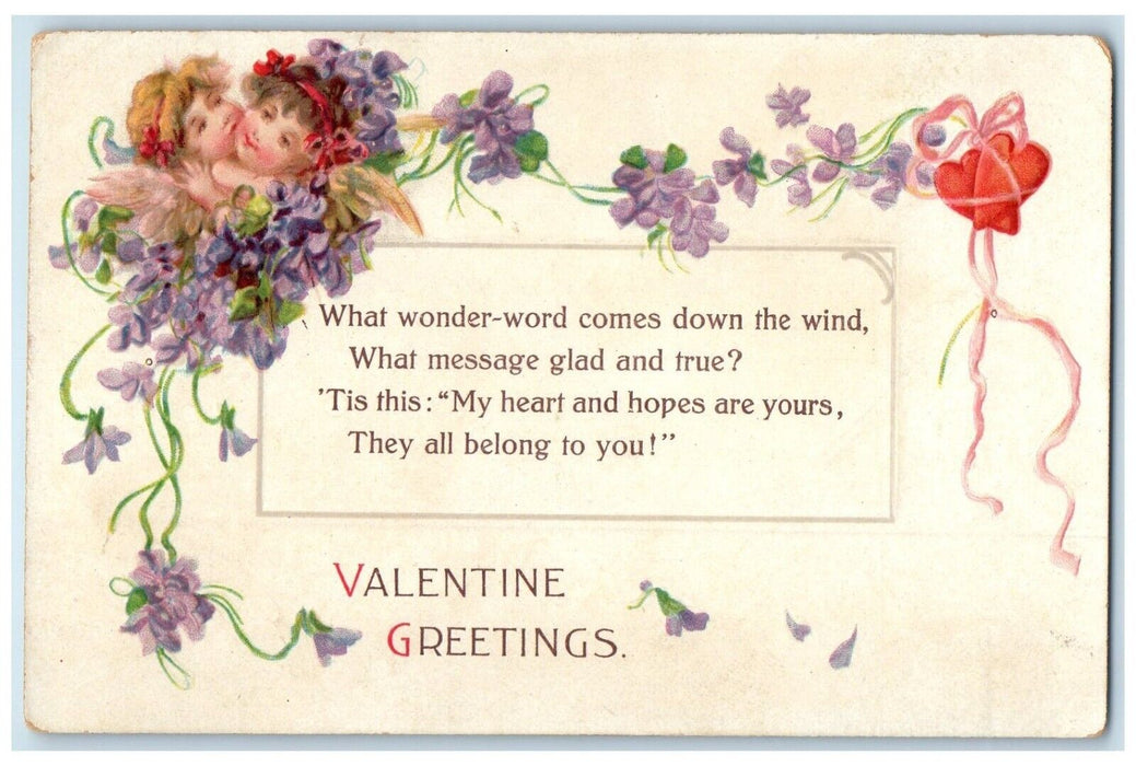 c1910's Valentine Greetings Angels Flowers Hearts Embossed Antique Postcard