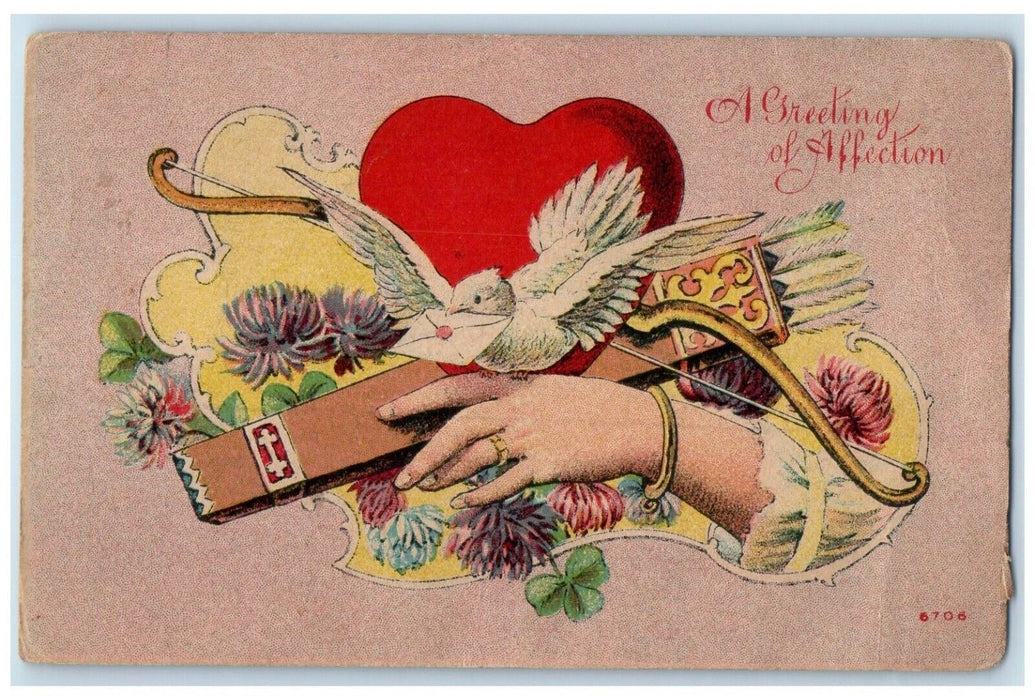 c1910's Valentine Greetings Heart Flowers Bird Letter Bow Antique Postcard