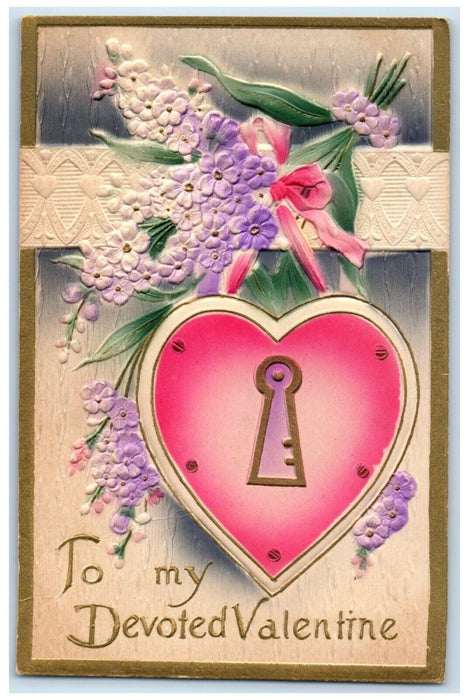 c1910's Valentine Purple Flowers Heart Airbrushed Posted Antique Postcard