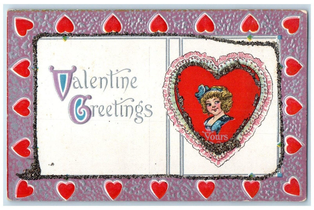 c1910's Valentine Greetings Hearts Embossed Glitter Posted Antique Postcard